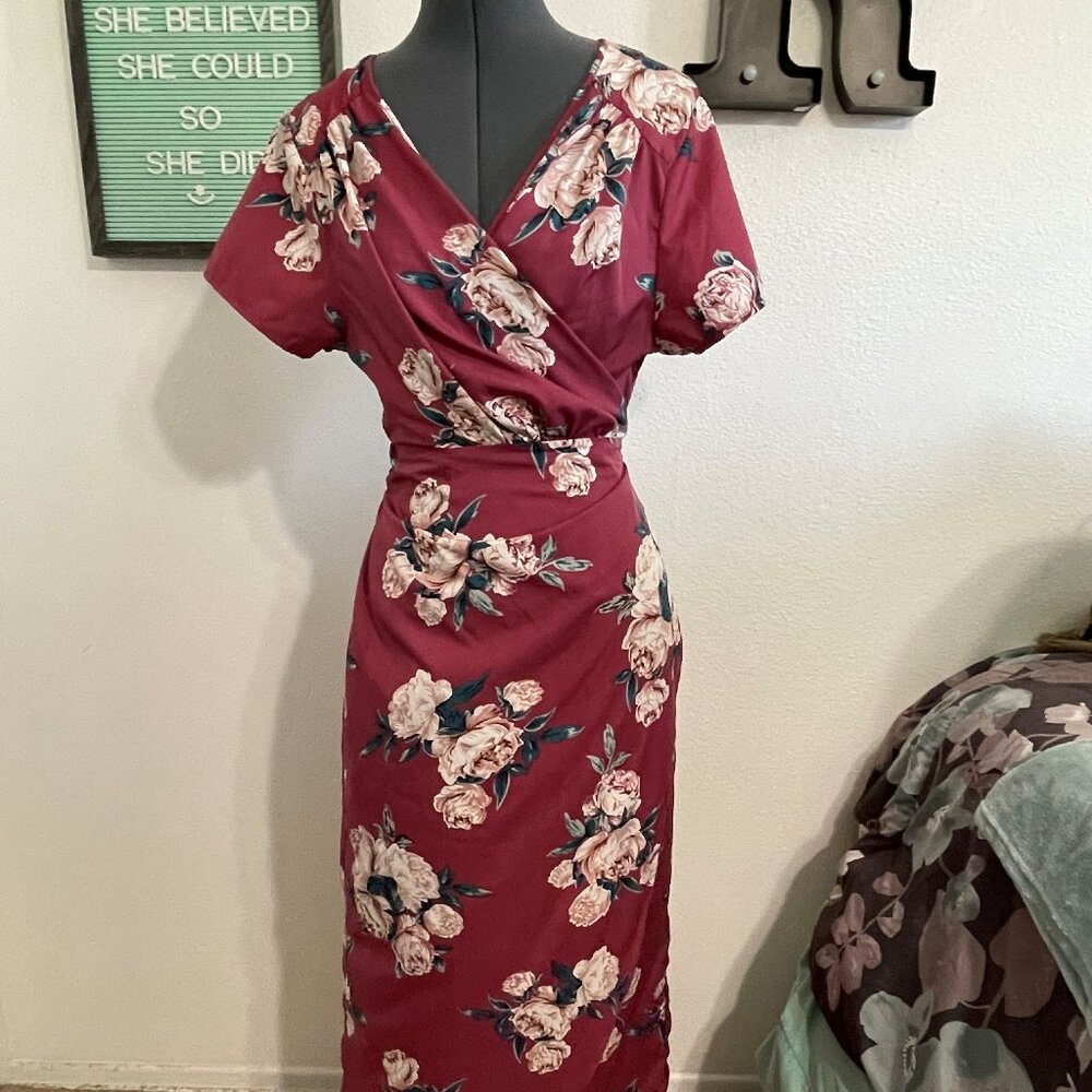 Wrap-Around Maroon Floral Dress